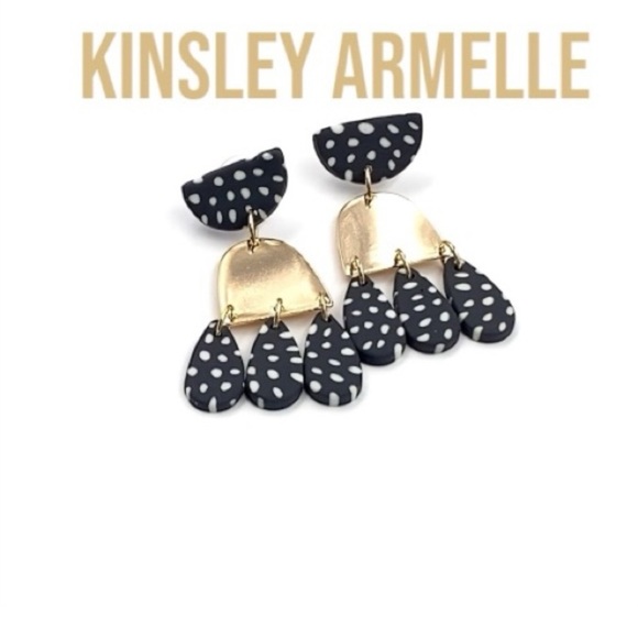 KINSLEY ARMELLE Doris Coll. Earrings, Clay Shapes, Blk/Wht w/Gold & Dust Bag - Picture 1 of 8